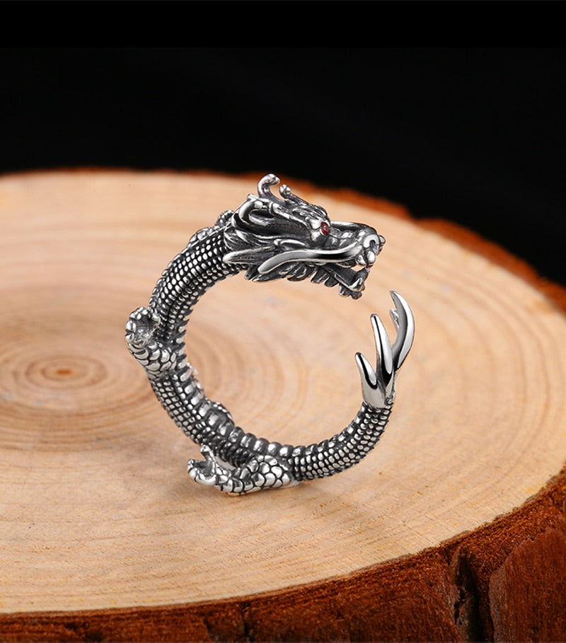 Zircon Eyes Sterling Silver Dragon Ring