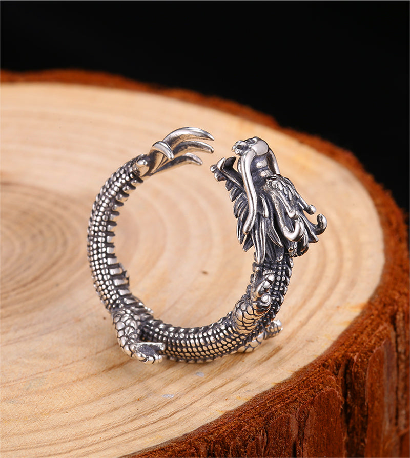 Zircon Eyes Sterling Silver Dragon Ring