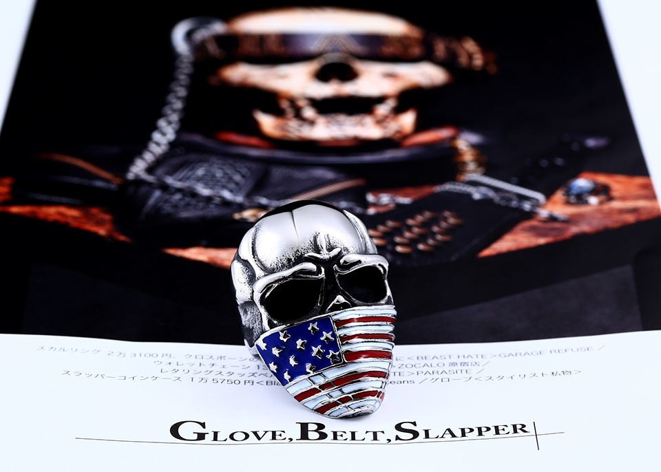 American Flag Stainless Steel Mens Skull Ring