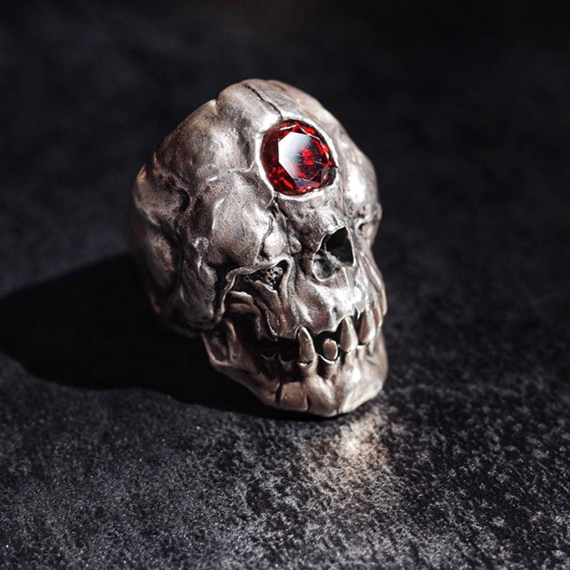 Mad Red Eye Sterling Silver Skull Keychain