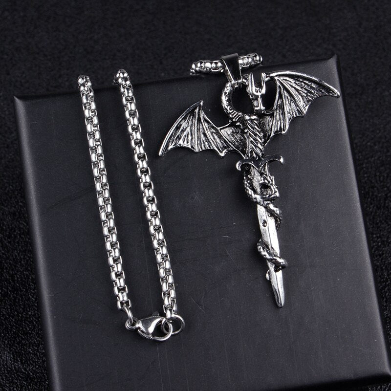 Vintage Sword Dragon Pendant Necklace