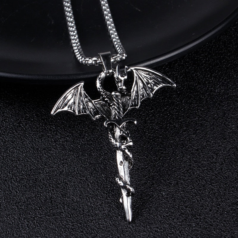 Vintage Sword Dragon Pendant Necklace