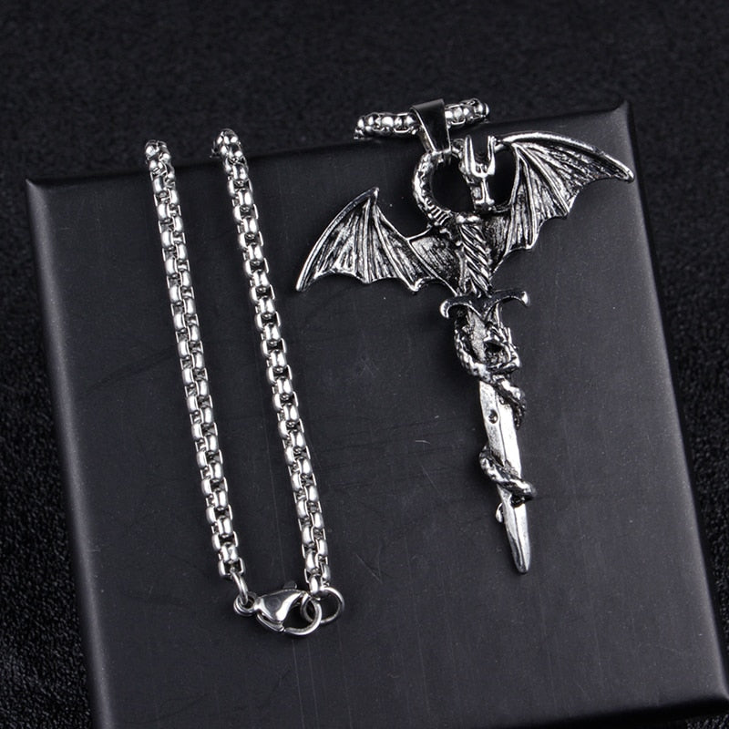 Vintage Sword Dragon Pendant Necklace