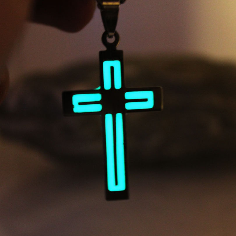 Glow In The Dark Cross Necklace - Cross Necklace, Glow in the Dark Necklace, Faith Necklace, Green Cross Necklace, Christian Necklace, Stainless Steel Necklace