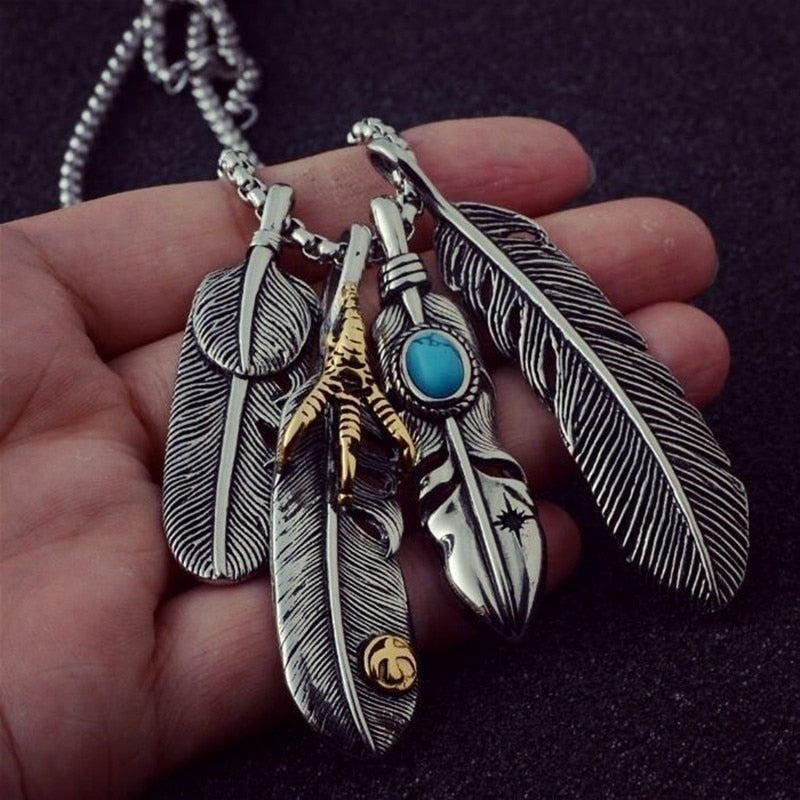 3 Eagle Feathers With Eagles Claw Pendant Necklace | Turquoise Eagle Feather | Eagle Pendant Necklace