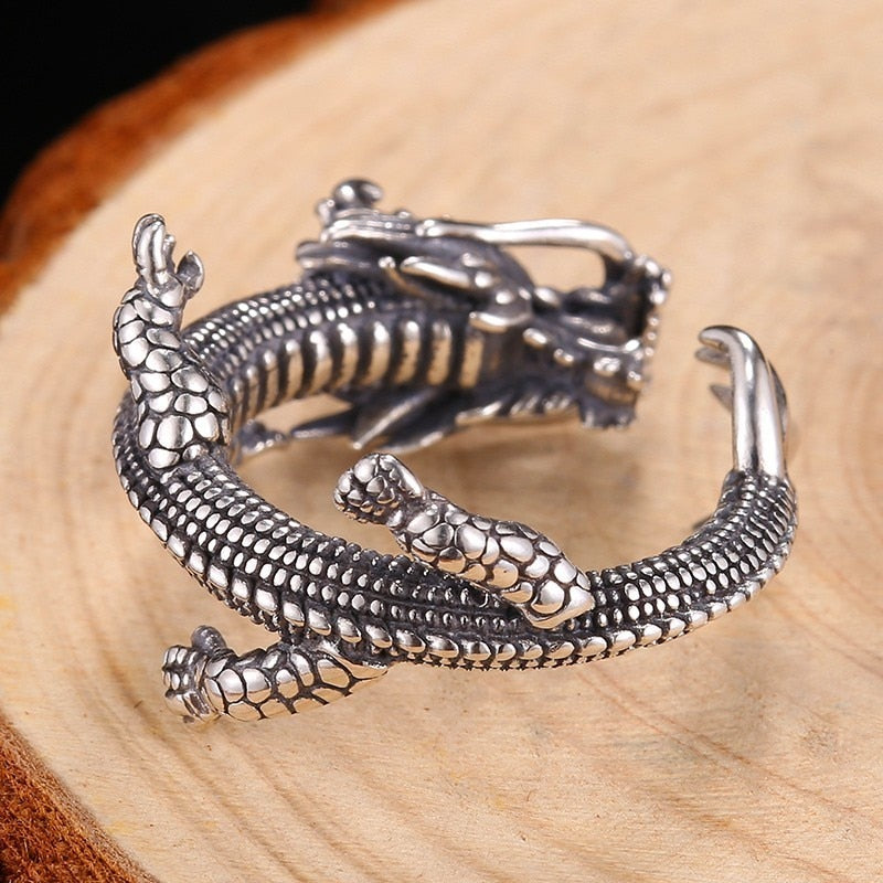 Zircon Eyes Sterling Silver Dragon Ring