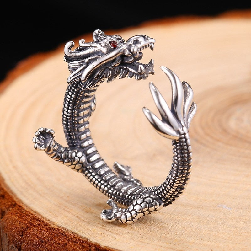 Zircon Eyes Sterling Silver Dragon Ring